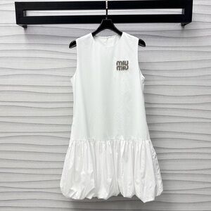 Miu Miu White Sleeveless Bubble-Hem Dress with Embellished Logo